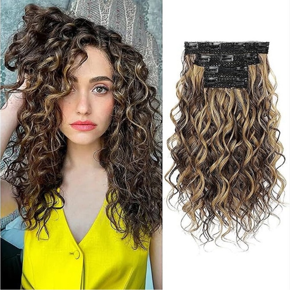 Curly Hair Extensions, 4PCS 16 inch Clip in Hair Extensions Lace Weft Short Curl